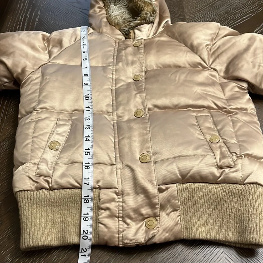Old Navy tan/gold shiny puffer jacket with faux fur lined hood Size S